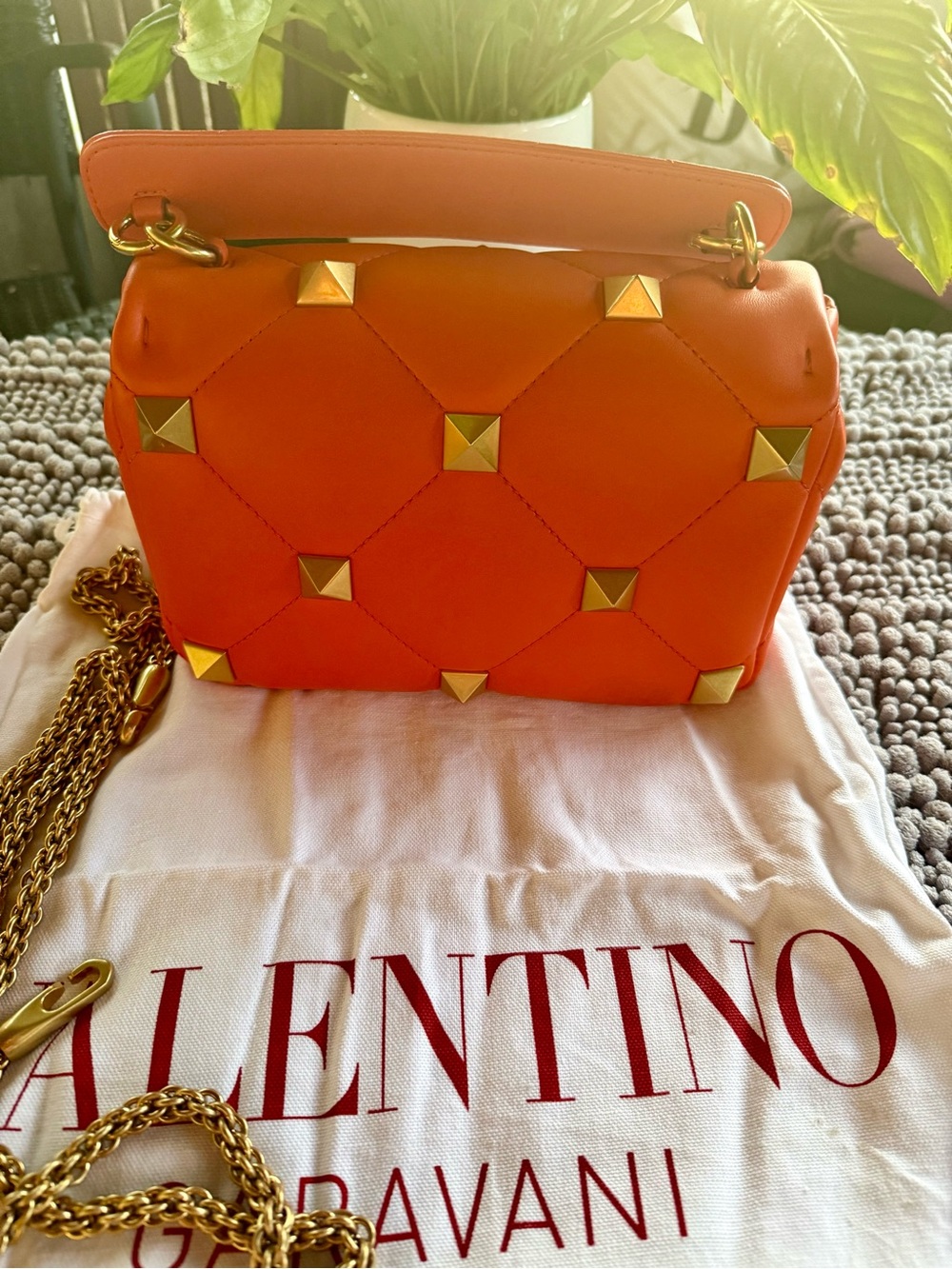 Valentino Orange Quilted Leather Shoulder Bag with Gold Pyramid Studs - Picture 7 of 8